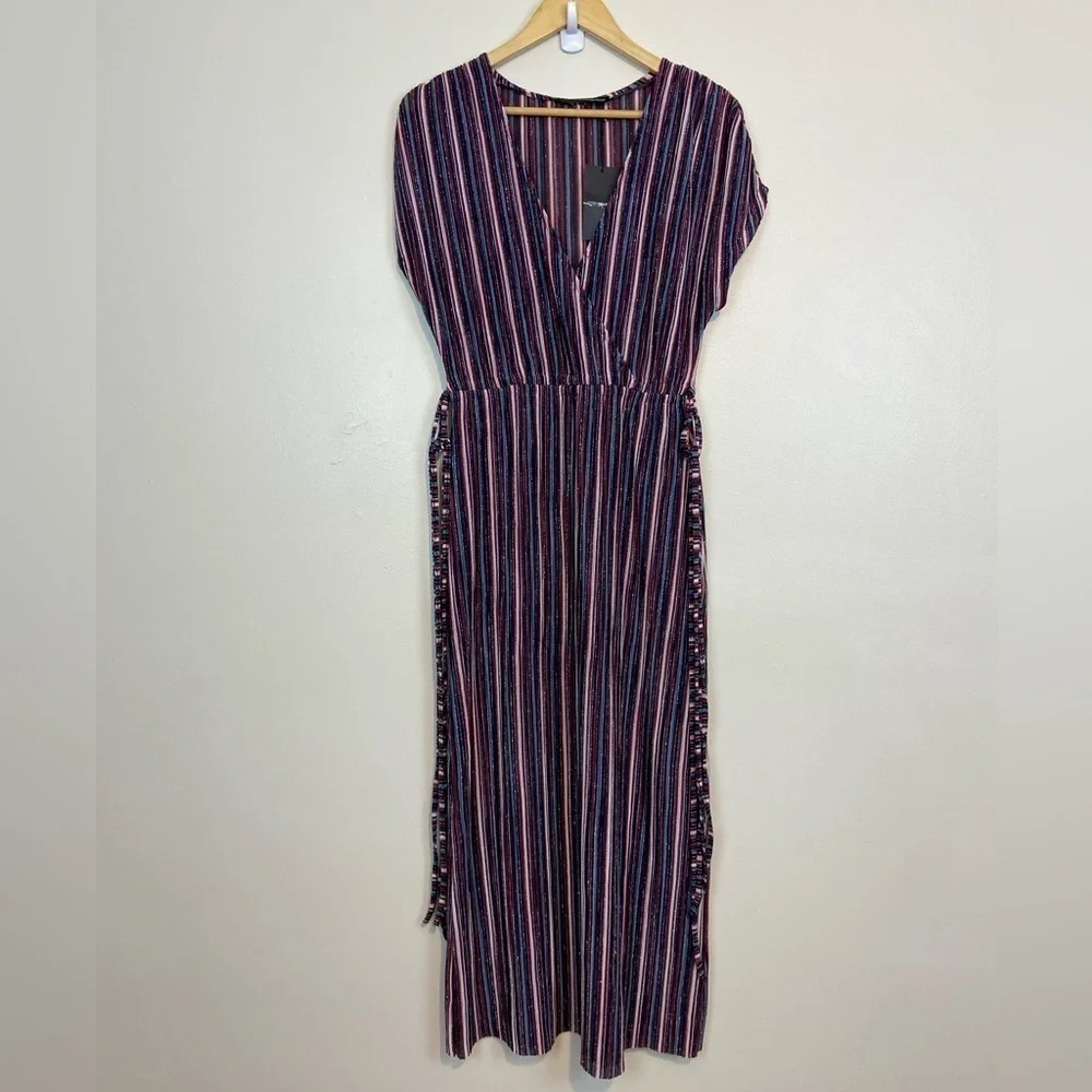 NWT Sfera Striped Metallic Midi Side Tassel Dress